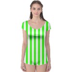Vertical Stripes - White and Neon Green Boyleg Leotard (Ladies)