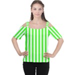 Vertical Stripes - White and Neon Green Women s Cutout Shoulder Tee