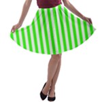Vertical Stripes - White and Neon Green A-line Skater Skirt