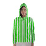 Vertical Stripes - White and Neon Green Hooded Wind Breaker (Women)