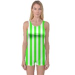 Vertical Stripes - White and Neon Green One Piece Boyleg Swimsuit