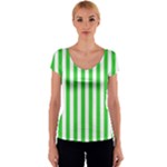 Vertical Stripes - White and Lime Green Women s V-Neck Cap Sleeve Top