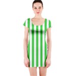 Vertical Stripes - White and Lime Green Short Sleeve Bodycon Dress