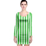 Vertical Stripes - White and Lime Green Long Sleeve Bodycon Dress