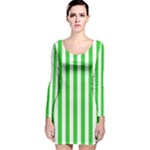 Vertical Stripes - White and Lime Green Long Sleeve Velvet Bodycon Dress