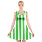 Vertical Stripes - White and Lime Green V-Neck Sleeveless Dress