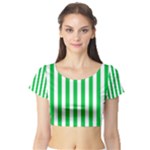 Vertical Stripes - White and Dark Pastel Green Short Sleeve Crop Top (Tight Fit)