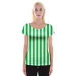 Vertical Stripes - White and Dark Pastel Green Women s Cap Sleeve Top