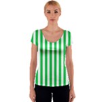 Vertical Stripes - White and Dark Pastel Green Women s V-Neck Cap Sleeve Top