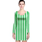 Vertical Stripes - White and Dark Pastel Green Long Sleeve Velvet Bodycon Dress