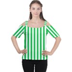 Vertical Stripes - White and Dark Pastel Green Women s Cutout Shoulder Tee