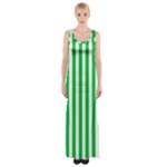 Vertical Stripes - White and Dark Pastel Green Maxi Thigh Split Dress