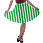 Vertical Stripes - White and Dark Pastel Green A-line Skater Skirt