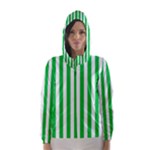 Vertical Stripes - White and Dark Pastel Green Hooded Wind Breaker (Women)