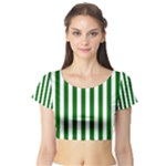 Vertical Stripes - White and Dark Green Short Sleeve Crop Top (Tight Fit)