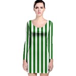 Vertical Stripes - White and Dark Green Long Sleeve Velvet Bodycon Dress