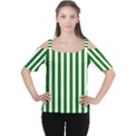 Vertical Stripes - White and Dark Green Women s Cutout Shoulder Tee