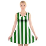 Vertical Stripes - White and Dark Green V-Neck Sleeveless Dress