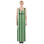 Vertical Stripes - White and Dark Green Maxi Thigh Split Dress