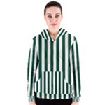 Vertical Stripes - White and Forest Green Women s Zipper Hoodie
