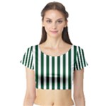 Vertical Stripes - White and Forest Green Short Sleeve Crop Top (Tight Fit)