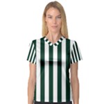 Vertical Stripes - White and Deep Green Women s V-Neck Sport Mesh Tee