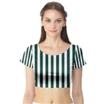 Vertical Stripes - White and Deep Green Short Sleeve Crop Top (Tight Fit)