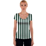 Vertical Stripes - White and Deep Green Women s V-Neck Cap Sleeve Top