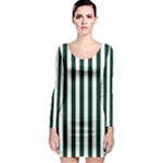 Vertical Stripes - White and Deep Green Long Sleeve Bodycon Dress