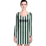 Vertical Stripes - White and Deep Green Long Sleeve Velvet Bodycon Dress