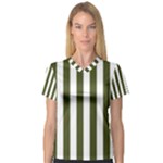 Vertical Stripes - White and Army Green Women s V-Neck Sport Mesh Tee