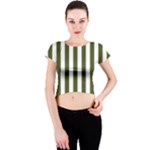 Vertical Stripes - White and Army Green Crew Neck Crop Top