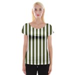 Vertical Stripes - White and Army Green Women s Cap Sleeve Top
