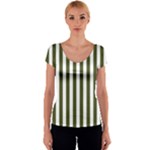 Vertical Stripes - White and Army Green Women s V-Neck Cap Sleeve Top