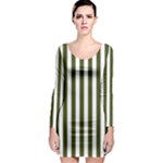 Vertical Stripes - White and Army Green Long Sleeve Bodycon Dress
