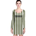 Vertical Stripes - White and Army Green Long Sleeve Velvet Bodycon Dress