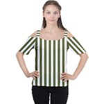 Vertical Stripes - White and Army Green Women s Cutout Shoulder Tee