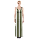 Vertical Stripes - White and Army Green Maxi Thigh Split Dress
