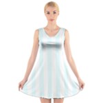 Vertical Stripes - White and Bubbles Cyan V-Neck Sleeveless Dress