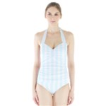 Vertical Stripes - White and Bubbles Cyan Women s Halter One Piece Swimsuit