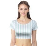 Vertical Stripes - White and Light Cyan Short Sleeve Crop Top (Tight Fit)