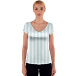 Vertical Stripes - White and Light Cyan Women s V-Neck Cap Sleeve Top