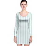Vertical Stripes - White and Light Cyan Long Sleeve Velvet Bodycon Dress