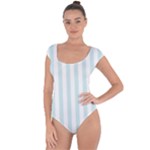 Vertical Stripes - White and Light Cyan Short Sleeve Leotard (Ladies)