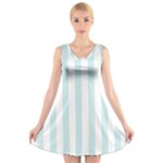 Vertical Stripes - White and Light Cyan V-Neck Sleeveless Dress