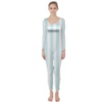 Vertical Stripes - White and Light Cyan Long Sleeve Catsuit