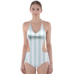 Vertical Stripes - White and Light Cyan Cut-Out One Piece Swimsuit