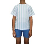 Vertical Stripes - White and Light Cyan Kid s Short Sleeve Swimwear