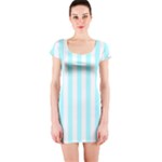 Vertical Stripes - White and Celeste Cyan Short Sleeve Bodycon Dress
