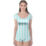 Vertical Stripes - White and Celeste Cyan Boyleg Leotard (Ladies)